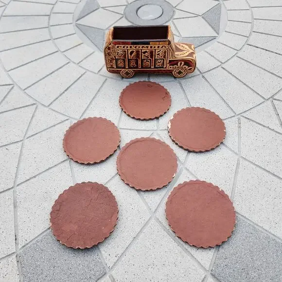 Colombia Folk Art Handcrafted Leather Bus Scalloped Coaster Holder Souvenir - Picture 9 of 11